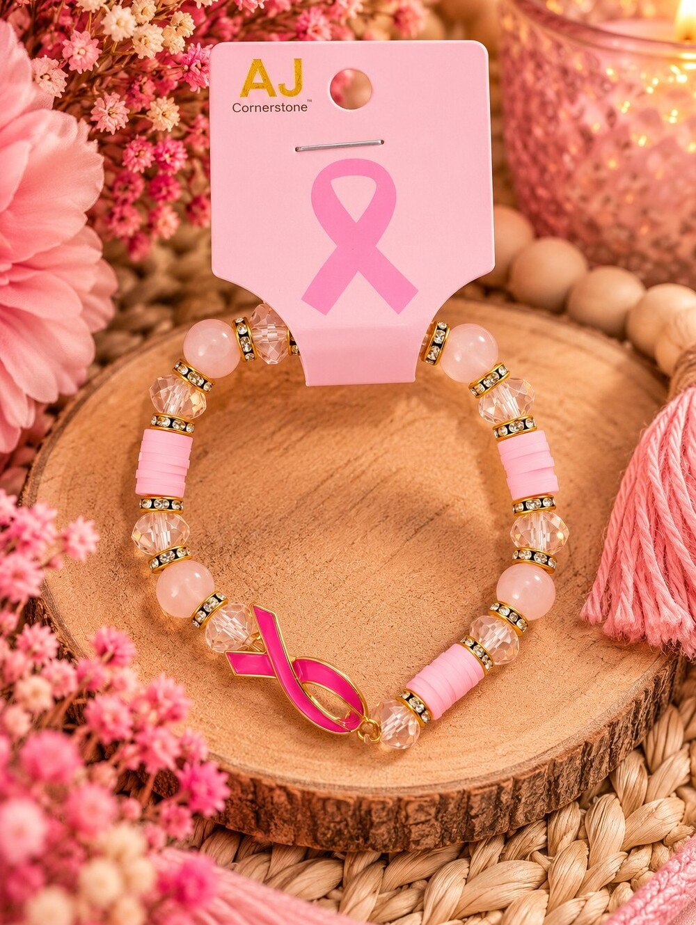 Pink Ribbon Beaded Bracelet